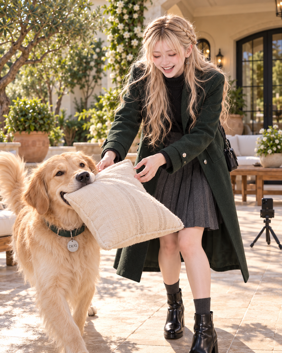 A laughing Dravelle catches Dug carrying a sofa cushion beside their filming tripod
