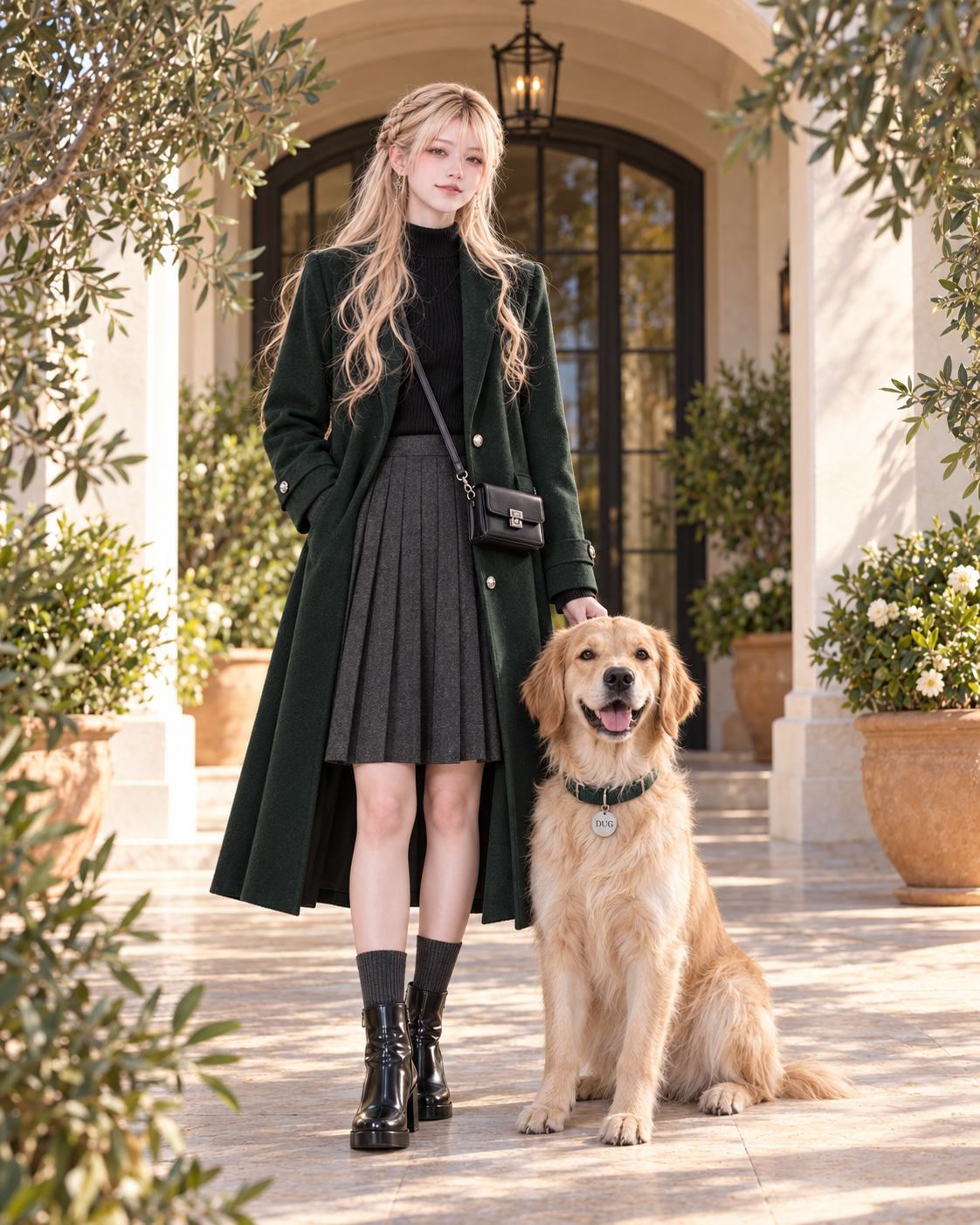 Dravelle and Dug posing together in the arched doorway of their villa